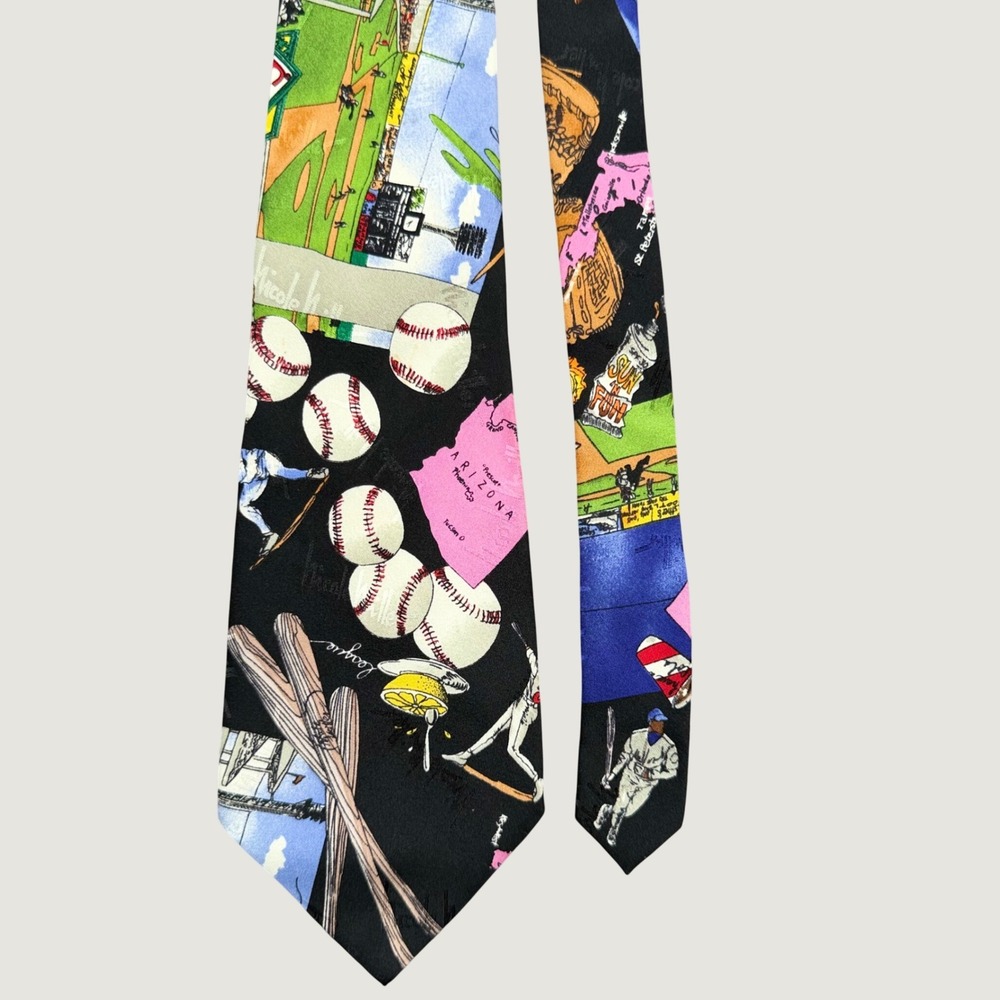 Nicole Miller 1994 Spring Training Baseball Silk Tie Multi Color MLB Sports Vtg